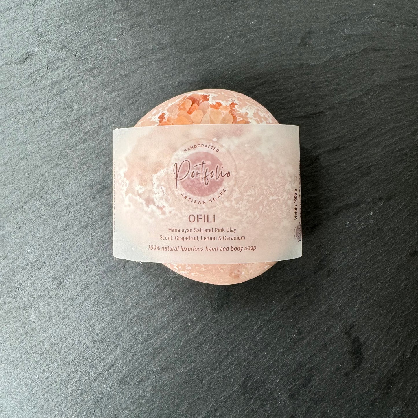 OFILI: Pink Himalayan Salt and Pink Clay. Scent: Grapefruit, Lemon & Geranium